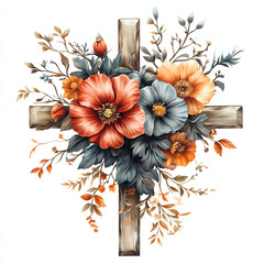 Wall Mural - A wooden cross with flowers. Autumn, Christmas. Thanksgiving day.