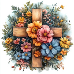 Wall Mural - A wooden cross with flowers. Autumn, Christmas. Thanksgiving day.