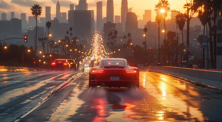 Poster - The cars racing in the city. morning weather. Generative AI.