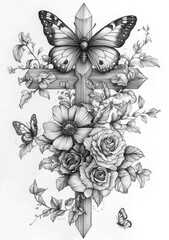 Wall Mural - A wooden cross with flowers. Autumn, Christmas. Thanksgiving day.