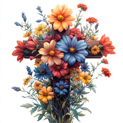 Canvas Print - A wooden cross with flowers. Autumn, Christmas. Thanksgiving day.