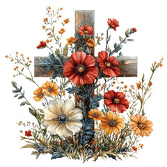 Sticker - A wooden cross with flowers. Autumn, Christmas. Thanksgiving day.