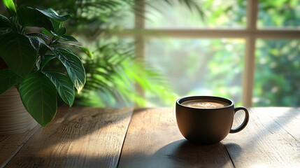 Wall Mural - Cup of coffee on a wooden table with a window and plants in the background.