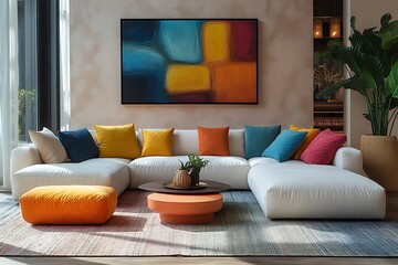 Wall Mural -  Minimalist interior design of modern living room with sofa with colorful pillows. 