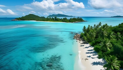 Tropical beach paradise with azure waters, swaying palm trees, and pristine sands in Seychelles, showcasing an idyllic coastal retreat and tranquil seascape.