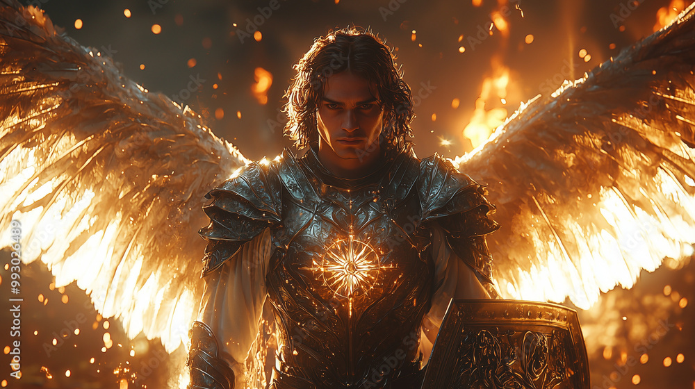 male angel clad in golden armor stands amidst a fiery battlefield ...