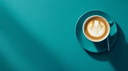 Wall Mural - Cup of coffee with latte art on a teal background.