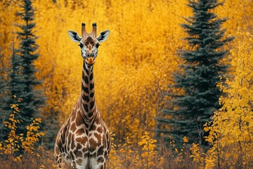 Wall Mural - Graceful giraffe among autumn trees