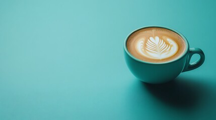 Wall Mural - Cup of coffee with latte art on a turquoise background.