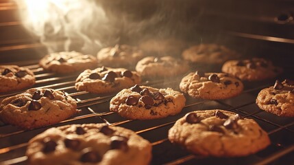 Wall Mural - Close-up of delicious chocolate chip cookies baking perfectly in the oven with a golden crispy crust new beautiful stock image illustration AI