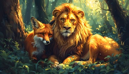 Unlikely Friendship of a Lion and Fox in a Lush Forest Setting