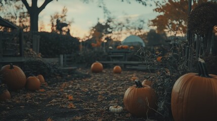 a serene pumpkin patch at sunset, with scattered pumpkins and autumn leaves.