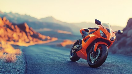 A vibrant orange motorcycle parked on a scenic road with mountains in the background.