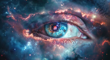 surreal space. open eye in cosmic universe with nebula and abstract galaxy