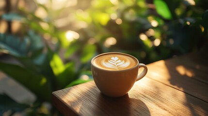 Wall Mural - Cup of latte art coffee on wooden table with blurred green background.