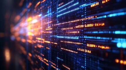 Digital data stream with glowing binary code in blue and orange colors, creating a sense of fast-paced technology. Concept: Data transmission and coding.