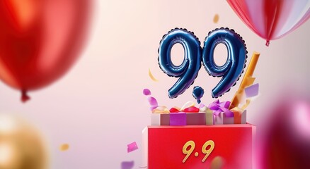 Celebratory 99th birthday cake adorned with blue and pink number 99 candles surrounded by colorful balloons confetti and festive a joyful and momentous occasion to commemorate a significant milestone