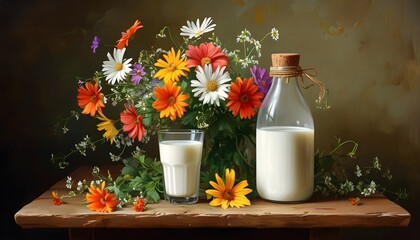 Wall Mural - Charming still life featuring a glass of milk alongside a vibrant vase of flowers on a rustic table