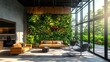 © TranNgoc - A modern office interior with a large green living wall covered in vibrant plants, natural light streaming in from large windows, creating a peaceful, eco-friendly workspace environment.