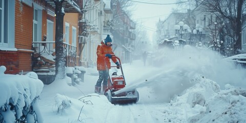 A man in an orange jacket is using a snow blower to clear a street