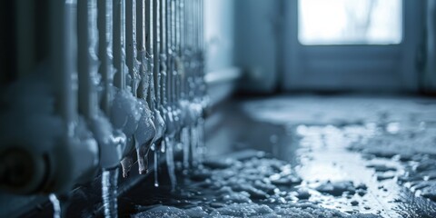 Wall Mural - A cold, wet, and icy floor with a radiator dripping water