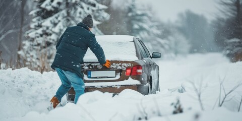 A man is trying to get his car out of the snow