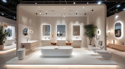 Poster - Exhibition booth design, inspiration from spacious modern living spaces, minimal and spacious, product display trash cans, toilet brushes, makeup mirror displayed as part of a minimalist living space.