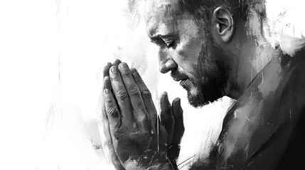 In Worship. Digital painting of a man, black and white.