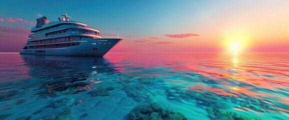 A radiant cruise ship set against the clear blue waters of the Maldives, reflecting the hues of a setting sun.