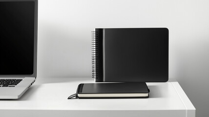 a minimalist setup featuring a spiral notebook with a sleek black leather cover