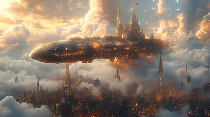 Wall Mural - A futuristic airship glides above a glowing city amidst clouds at sunset.