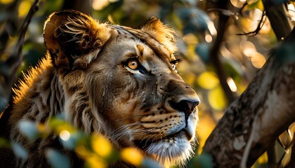 Wall Mural - Majestic African lion observing from lush foliage, embodying strength and determination in a striking wildlife moment