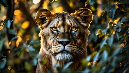 Wall Mural - Majestic African lion observing from lush foliage, embodying strength and determination in a striking wildlife moment