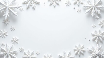 Wall Mural - white background with decorative snowflakes placed around the frame, copy space in the center concep