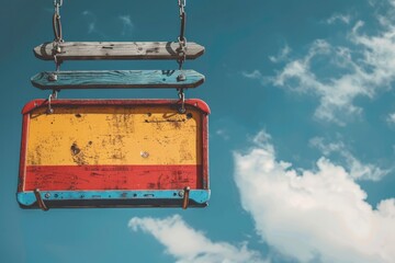 A vibrant wooden sign displaying the flag of Spain against a blue sky with fluffy clouds, capturing a bright sunny day