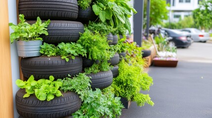 Wall Mural - Eco-Friendly Garden with Tire Planters and Fresh Herbs