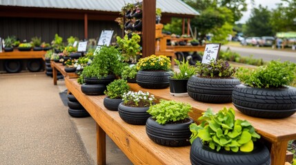 Wall Mural - Creative Garden Display with Unique Tire Planters