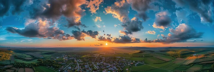 Vast Sunset Landscape: Aerial View of Colorful Sky Over Town & Countryside