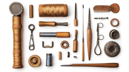 Wall Mural - Handcrafted sewing tools and accessories isolated on a white background 