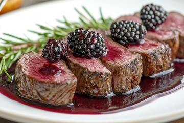 Seared Steak with Blackberry Sauce and Rosemary Garnish