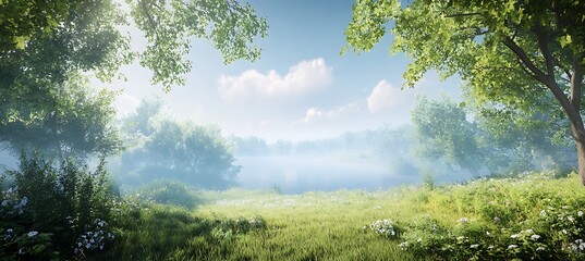 Wall Mural - A serene, forest clearing with a clear sky and a large area for text