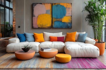 Wall Mural -  Minimalist interior design of modern living room with sofa with colorful pillows. 