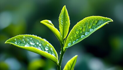 Wall Mural - Vibrant green tea leaves adorned with glistening dewdrops reflecting natures morning freshness