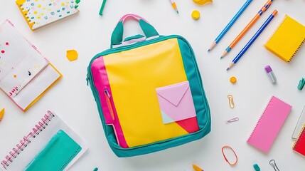 Canvas Print - Colorful backpack with school supplies on white background - back to school concept, flat lay composition 