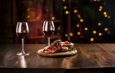 Two glasses of red wine stand on a wooden table with a steak and a side of vegetables.  A blurred background of bokeh lights.