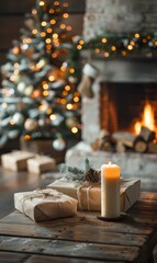 Poster - A lit candle and wrapped presents sit on a table in front of a decorated Christmas tree and a fireplace. AI.