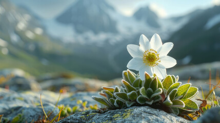 A close-up of an Edelweiss flower, with its delicate white petals framed by rugged mountain scenery