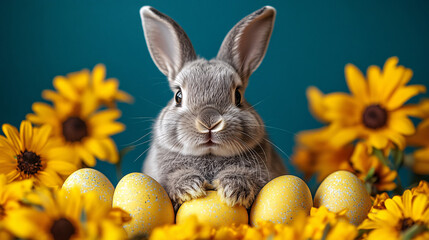 Cute gray bunny surrounded by yellow easter eggs and vibrant flowers, with ample copy space for holiday-themed text. Playful and cheerful atmosphere.