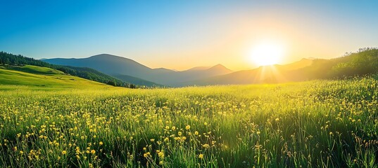 Wall Mural - A serene, meadow at sunset with a large clear sky area for text