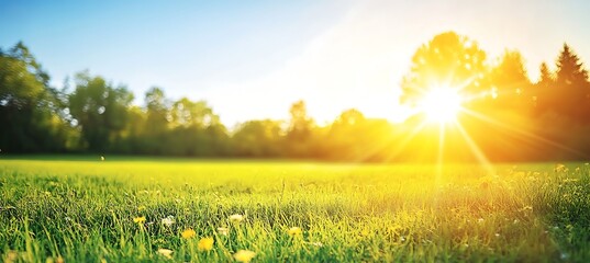 Wall Mural - A serene, meadow at sunset with a large clear sky area for text